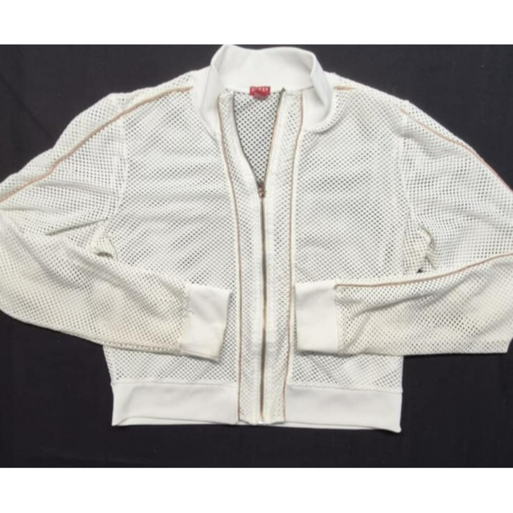 Guess women's‎ mesh knit zip front white jacket with gold color trim sz L